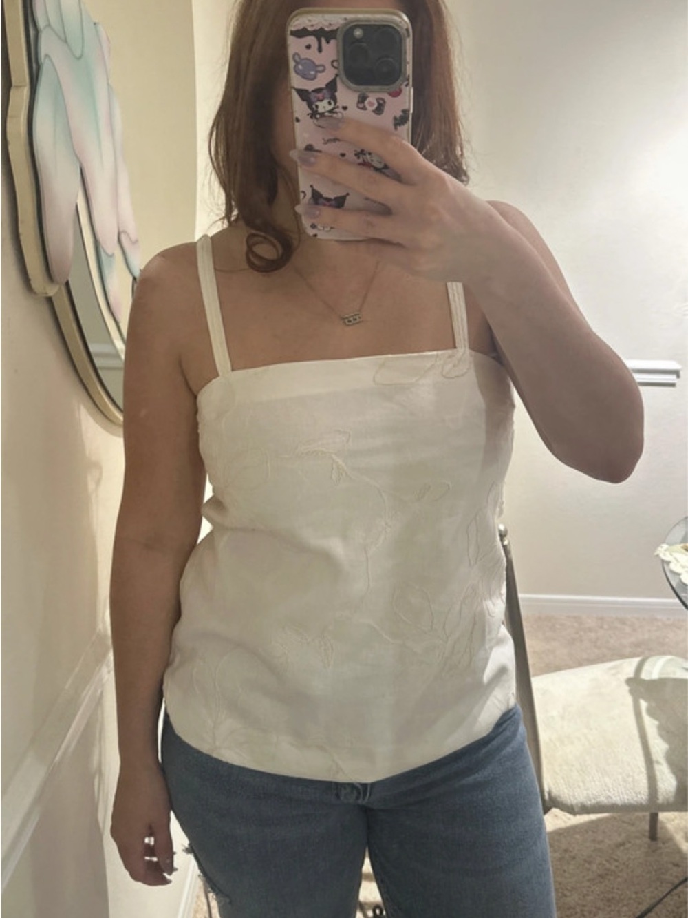 Zara White Embroidered Square-Neck Camisole